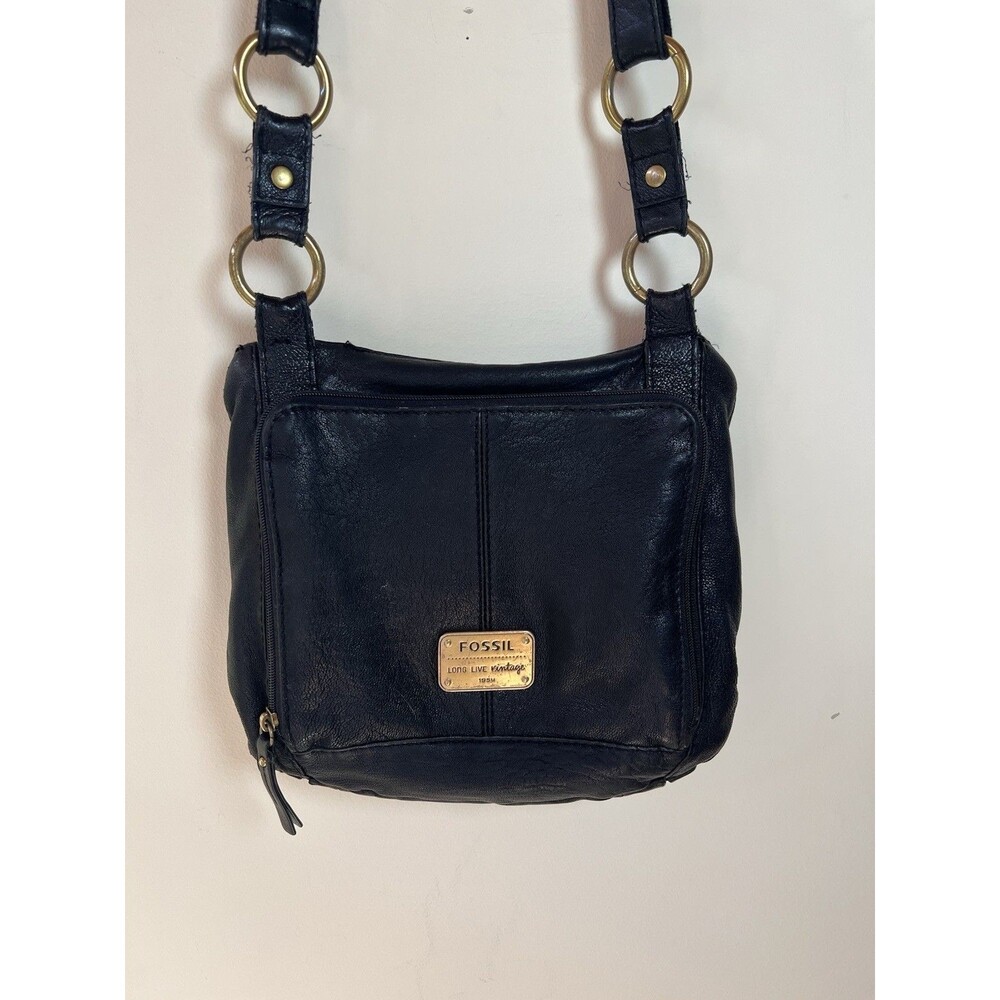 Fossil Long Live Vintage 1954 Black Leather Crossbody Bag Key Charm